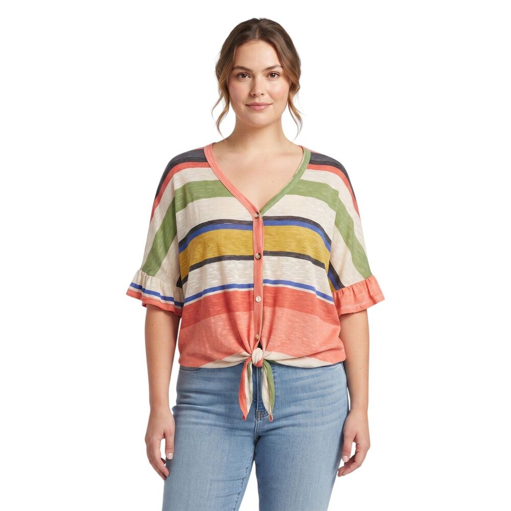 Oversized Tie-Front Striped Top by CY Fashions - Large